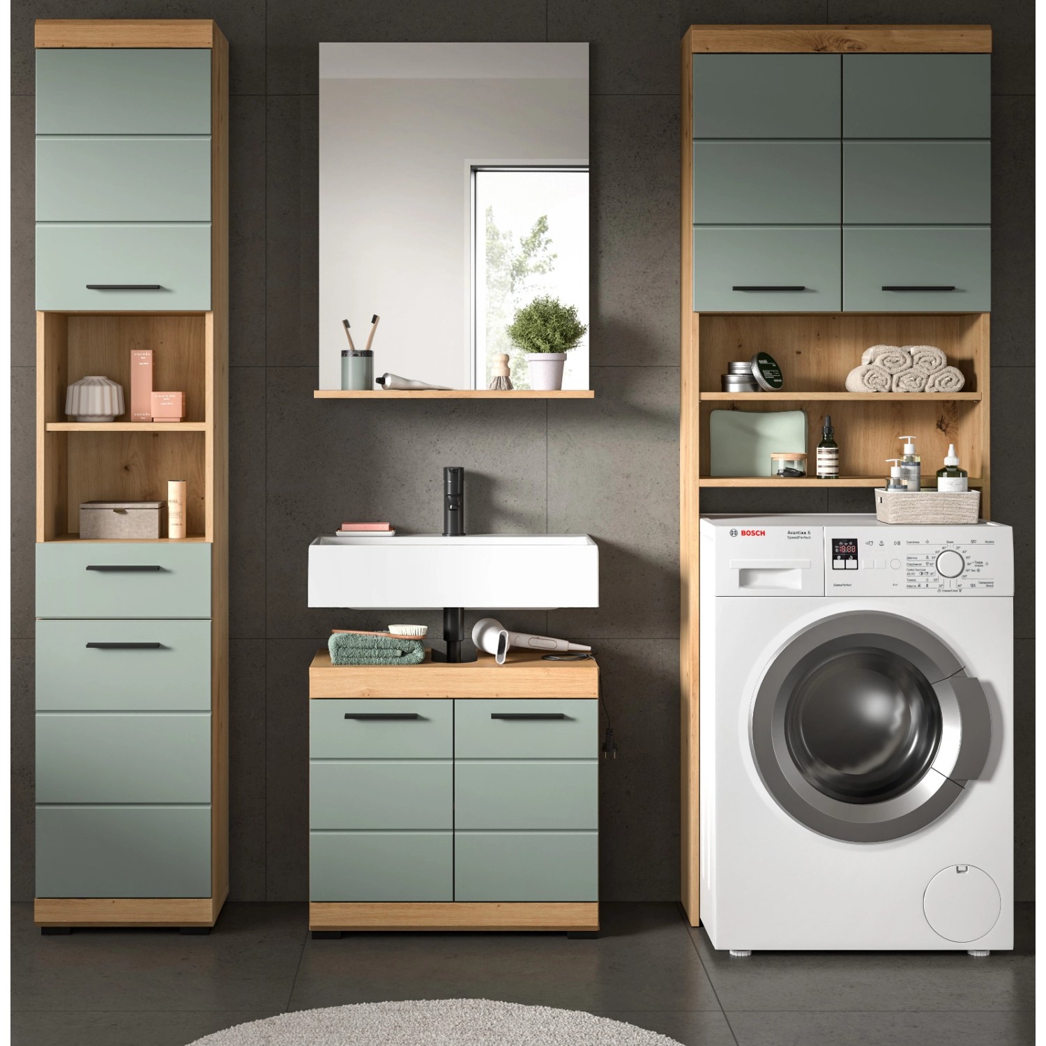 Inn.Furn Badmöbel Set in Grün und Eiche 4-teilig 190 cm Shawn günstig online kaufen