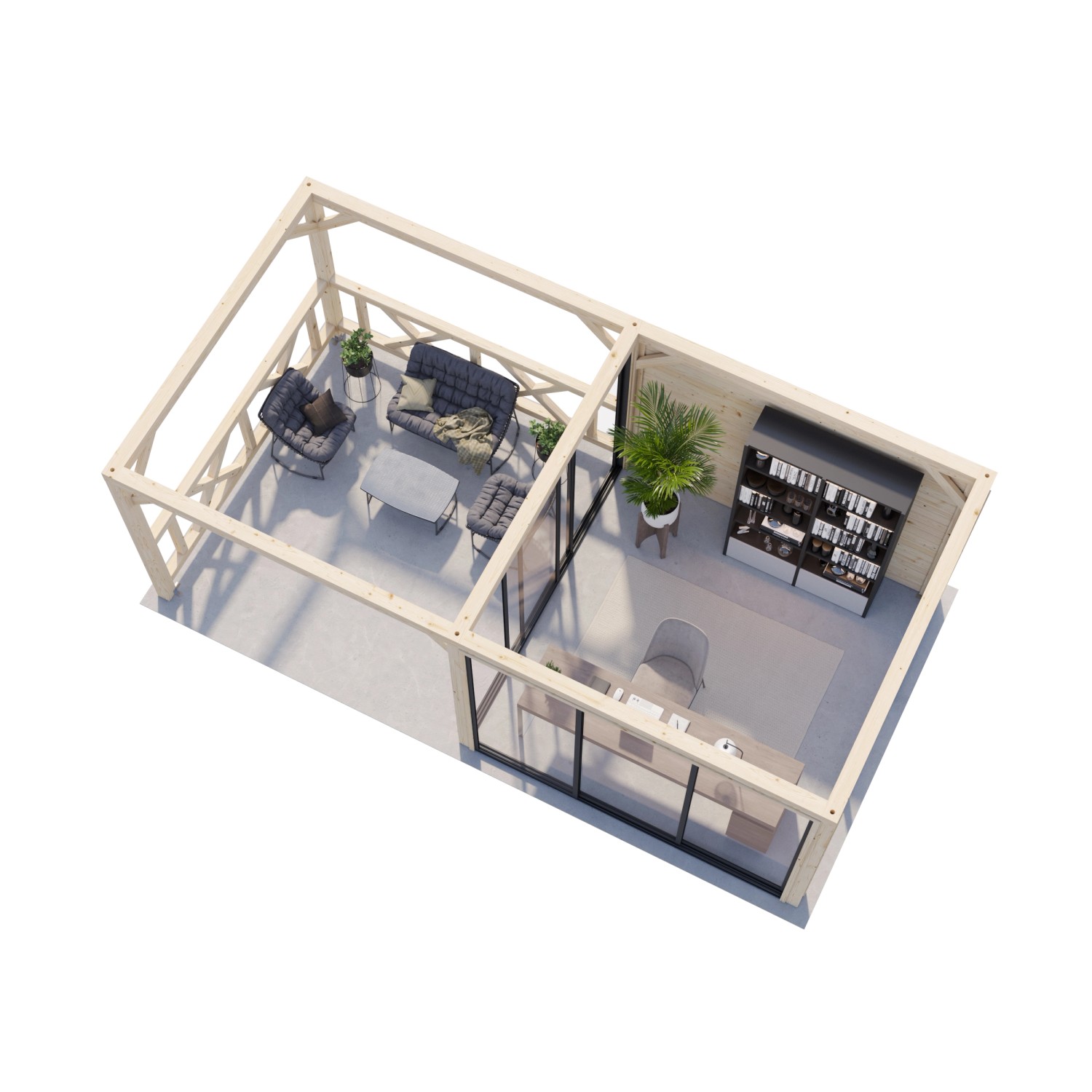 Palmako Pavillon Bianca Set, 588x300 cm, weiß lackiert. Weekendhaus mit Freisitz und Schiebetüren.