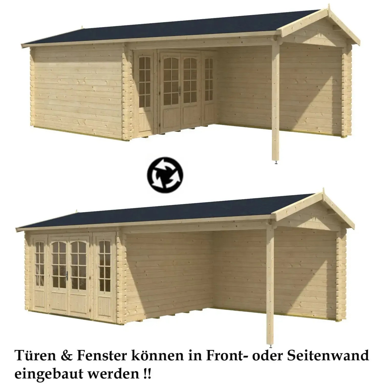 Alpholz Gartenhaus Freiburg-44 aus Holz mit Doppeltür und überdachtem Bereich, verschiedene Montageoptionen.