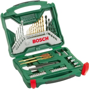 Bosch Bohrer- und Bit-Set, 50-teilig im grünen Koffer, mit Bohrern, Bits, Steckschlüsseln und Zubehör.