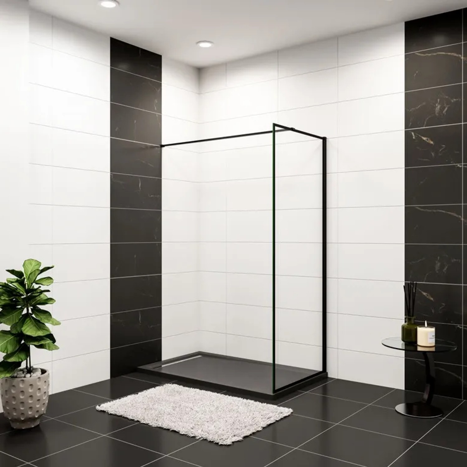 Rechteckige, schwarze Duschwanne 120x90 cm mit Stein-Effekt und Duschkabine im modernen Badezimmer.