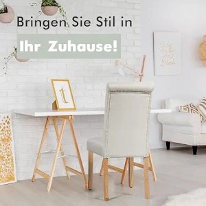 Beiger Esszimmerstuhl mit hoher Rückenlehne und Gummiholzbeinen. Moderner Stuhl in Leinenoptik, ideal für Esszimmer oder Büro.