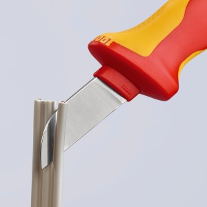 Knipex Kabelmesser 190 mm schneidet Kabel. Messer mit rot-gelbem Griff und gerader Klinge.