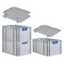 PROREGAL Spar Set: 3 graue Euroboxen mit blauen Griffen und 3 Auflagedeckel. Aufbewahrungsboxen stapelbar.