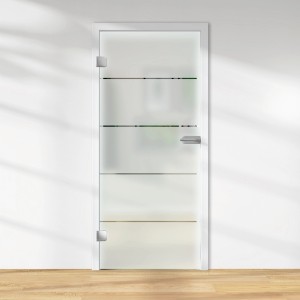 Glasdrehtür mit Siebdruck Dekor, ESG Floatglas, DIN links, für mehr Licht im Raum.