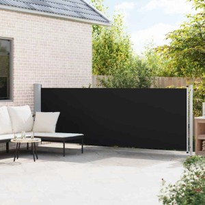 Ausgezogene, schwarze vidaXL Seitenmarkise (140x600 cm) auf einer Terrasse.