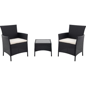 3-teiliges Balkonset Taracoa Wicker in Schwarz mit zwei Stühlen und Tisch mit Glasplatte.
