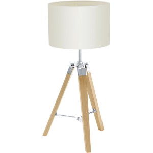 Eglo Tischleuchte Lantada: Designlampe mit Holzfuß und beigem Textilschirm.