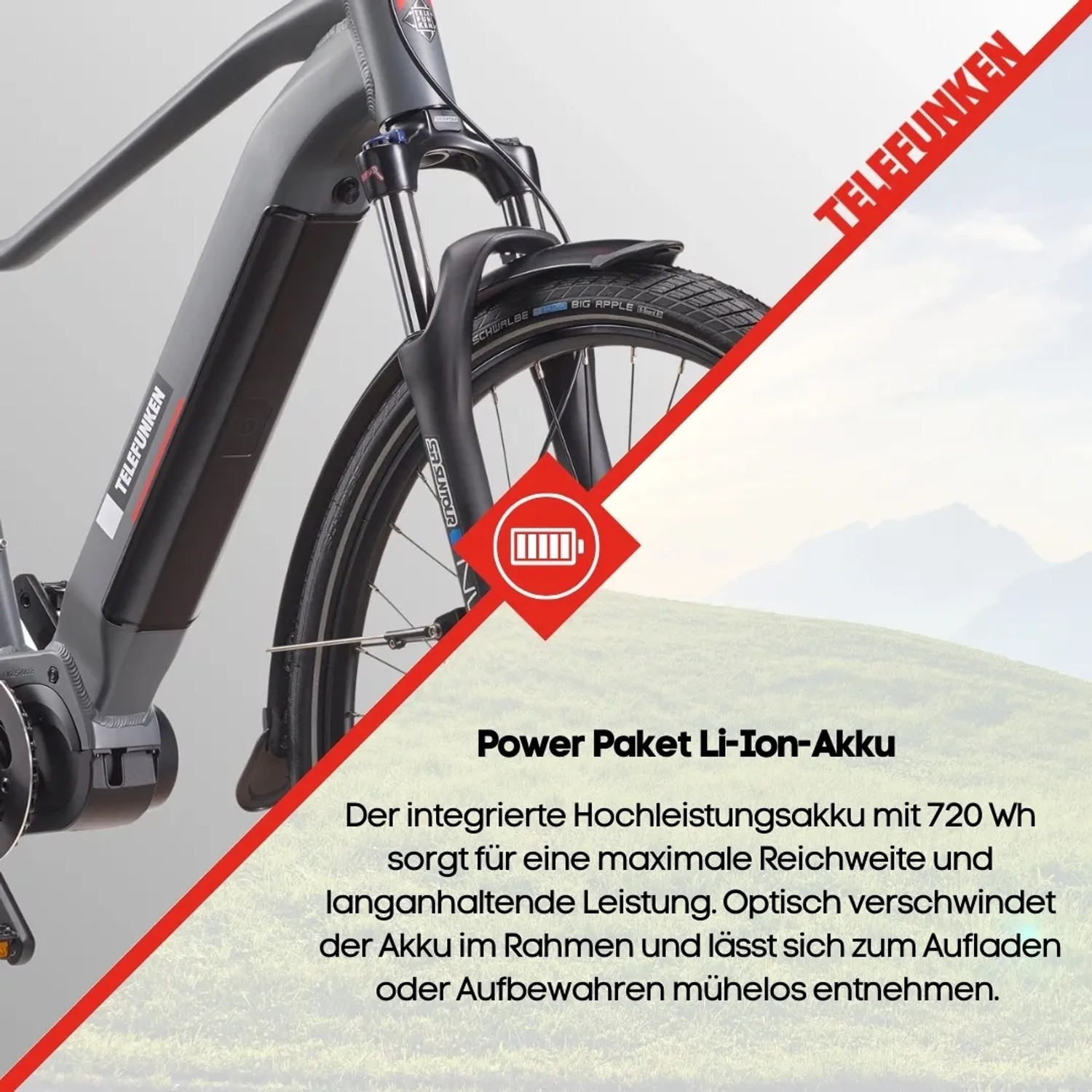 Detailaufnahme Telefunken SUV E-Bike: Integrierter Akku im Rahmen. Elektrofahrrad mit Mittelmotor.