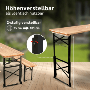 DELUKE Bierzeltgarnitur Höhenverstellbar Klappbar Holz 170cm RINHO 3 Teilig 2x Bierbank 1x Biertisch Festzeltgarnitur Biertisch Sitzgarnitur