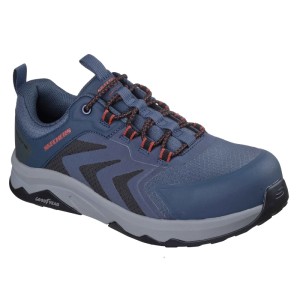 Dunkelblauer Skechers Speed-Flex Trekker S3S Sicherheitsschuh mit orangefarbenen Schnürsenkeln und grauer Goodyear Sohle.
