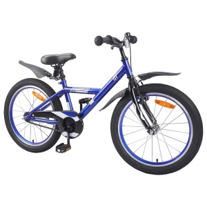 Dunkelblaues vidaXL Kinderfahrrad 18 Zoll für 5-7 Jahre mit Stahlrahmen, schwarzen Schutzblechen und blauen Felgen.