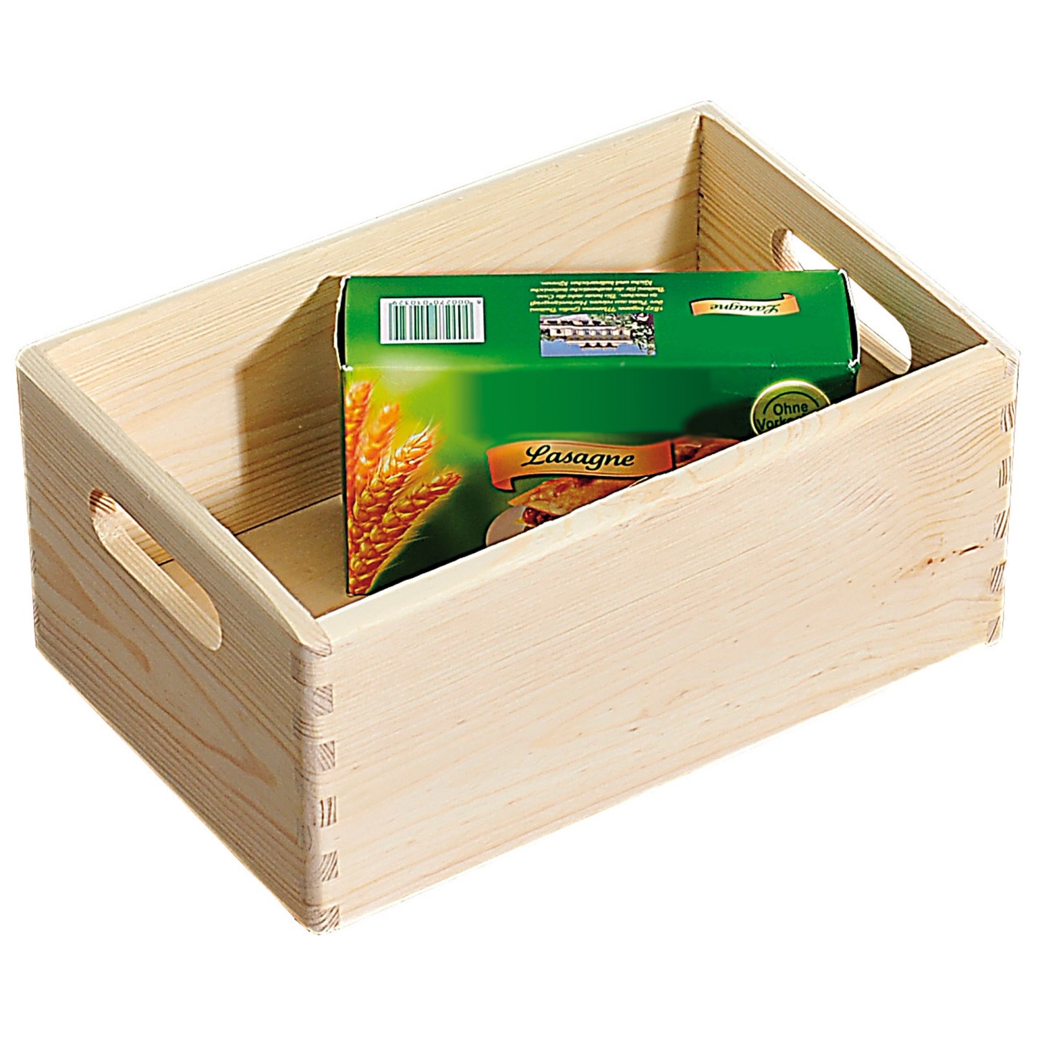 Kesper Allzweckkiste aus Kiefernholz, 8,4 l, mit Tragegriffen und einer Lasagne Packung darin.