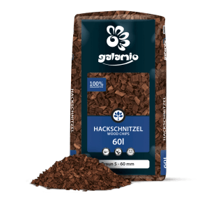 Galamio Holzhackschnitzel Braun 60l Sack mit braunen Holzspänen, Körnung 5-60mm, für Garten und Mulch.