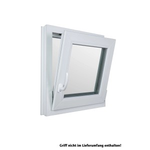 Weißes Kunststofffenster CL7, 75x120 cm, DIN rechts, geöffnet. Wärmeschutzfenster mit 3-fach Verglasung.