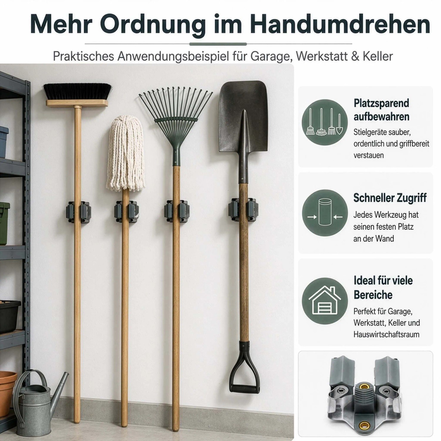Stahl Gerätehalter halten Besen, Wischmopp, Harke, Schaufel an weißer Wand. Praktische Wandhalterung für Werkzeuge in Garage, Werkstatt.