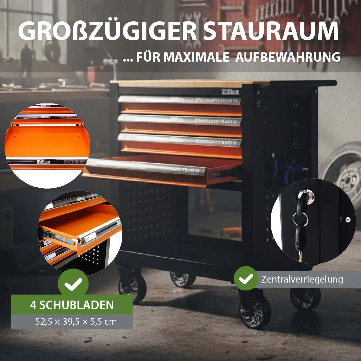 TRUTZHOLM Werkstattwagen mit 4 Schubladen, bestückt, Massivholzplatte, orange.