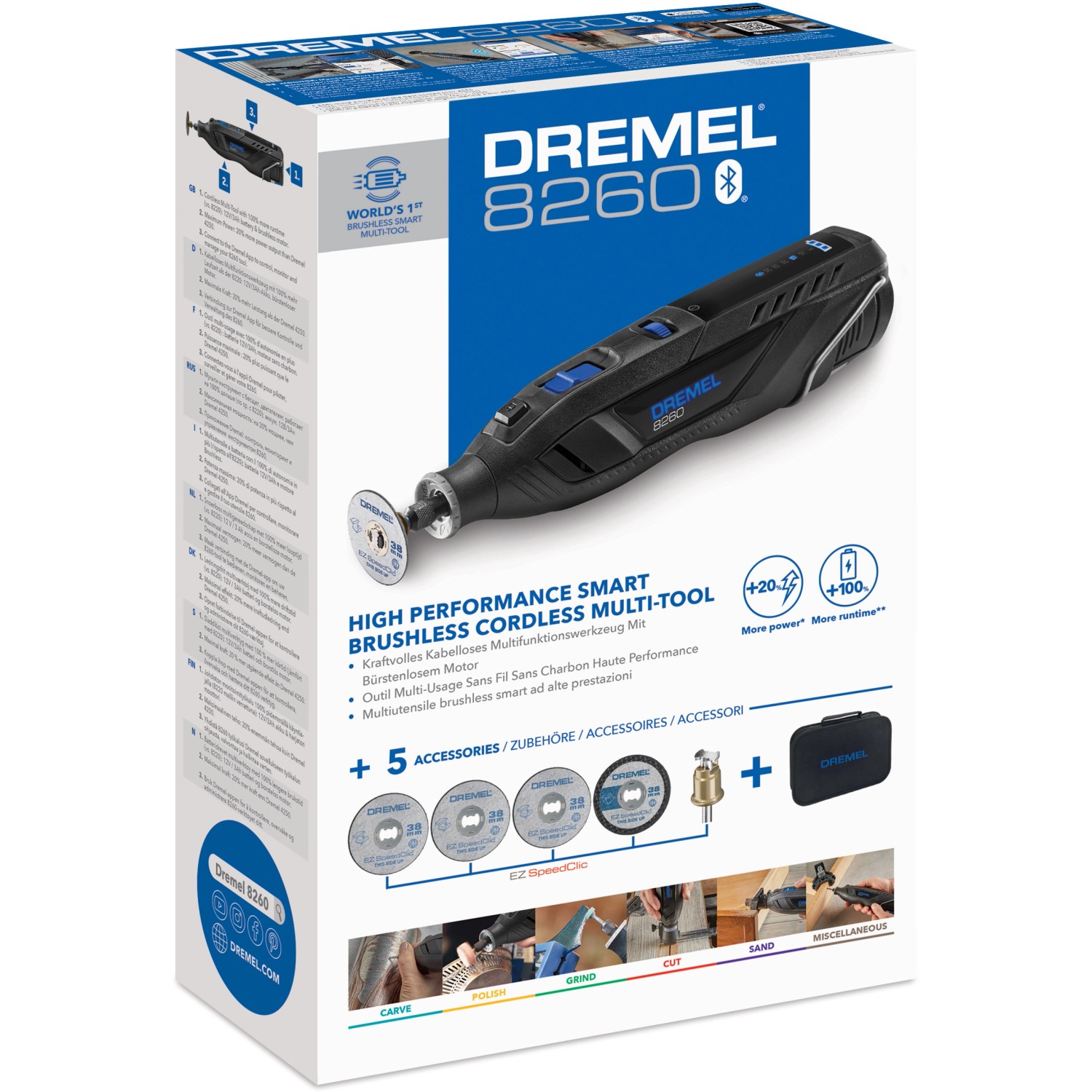 DREMEL® 8260-5 Multifunktionswerkzeug-Set mit Akku, Zubehör und Aufbewahrungskoffer.