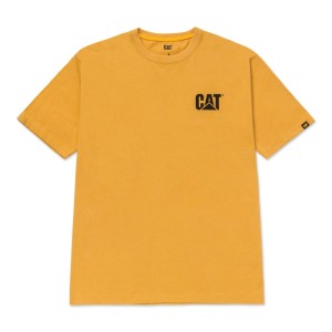 Gelbes Caterpillar T-Shirt mit schwarzem CAT Logo auf der Brust. Robustes Baumwoll-T-Shirt für Arbeitskleidung.