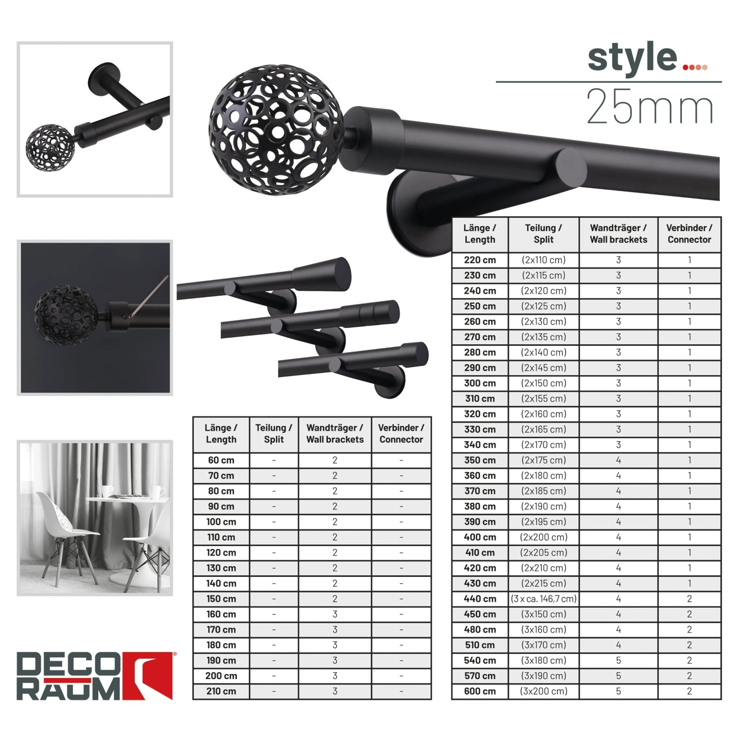 Schwarze Deco-Raum Gardinenstange nach Maß, 25mm Durchmesser, Kugel-Endstück, verschiedene Längen.