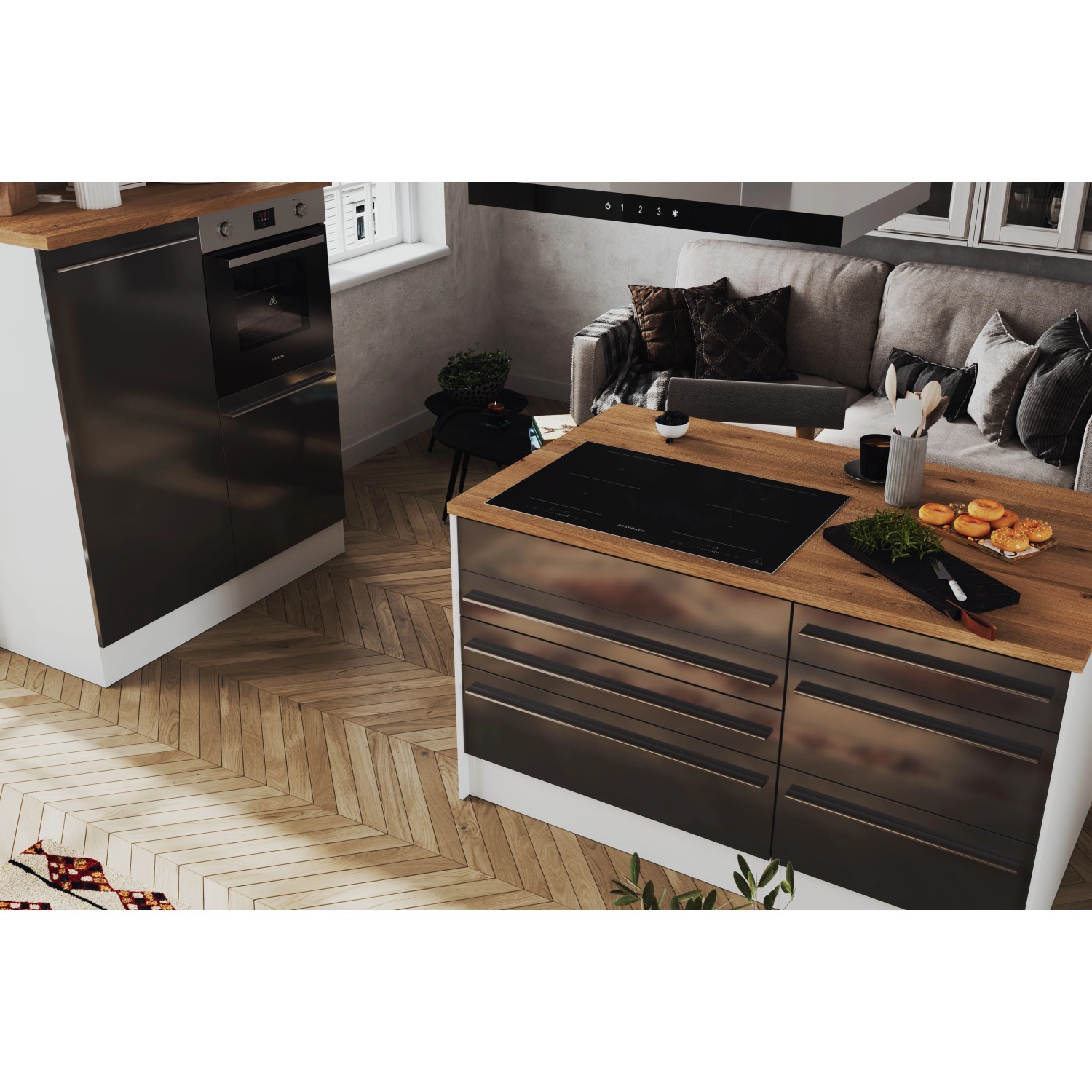 Respekta Inselküche Gabriel 320 cm in Grau Hochglanz mit Kochinsel und Elektrogeräten.