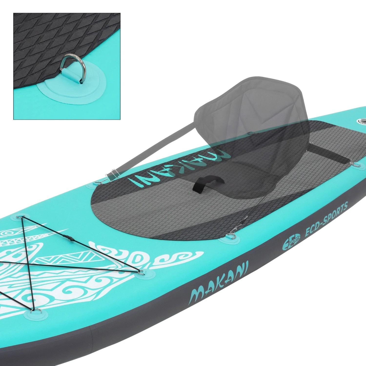 Türkisfarbenes ECD Germany Stand Up Paddle Board Makani, Detailaufnahme mit Zubehör.