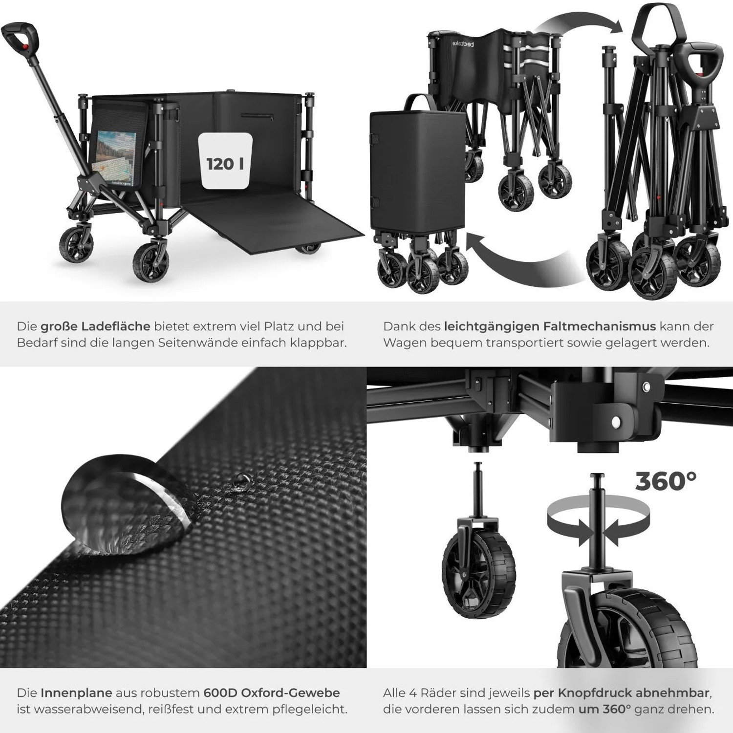 Tectake Bollerwagen Smartrider Faltbar Kunststoffräder Mit Profil 47 x 83 x 90 cm Schwarz_5