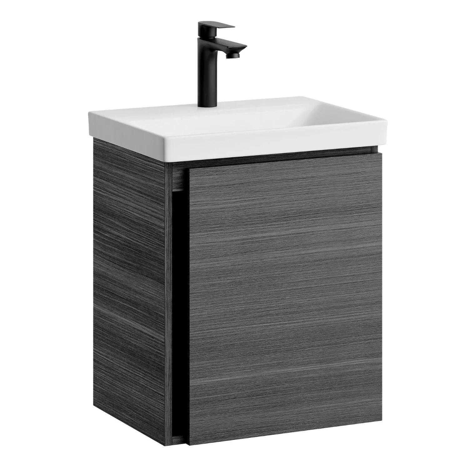 Planetmöbel Waschtischunterschrank 50 cm Anthrazit mit Keramikwaschbecken Armatur Schwarz Soft Close