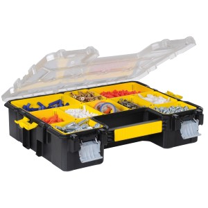 Stanley FatMax Profi-Organizer mit transparentem Deckel, gefüllt mit Kleinteilen.