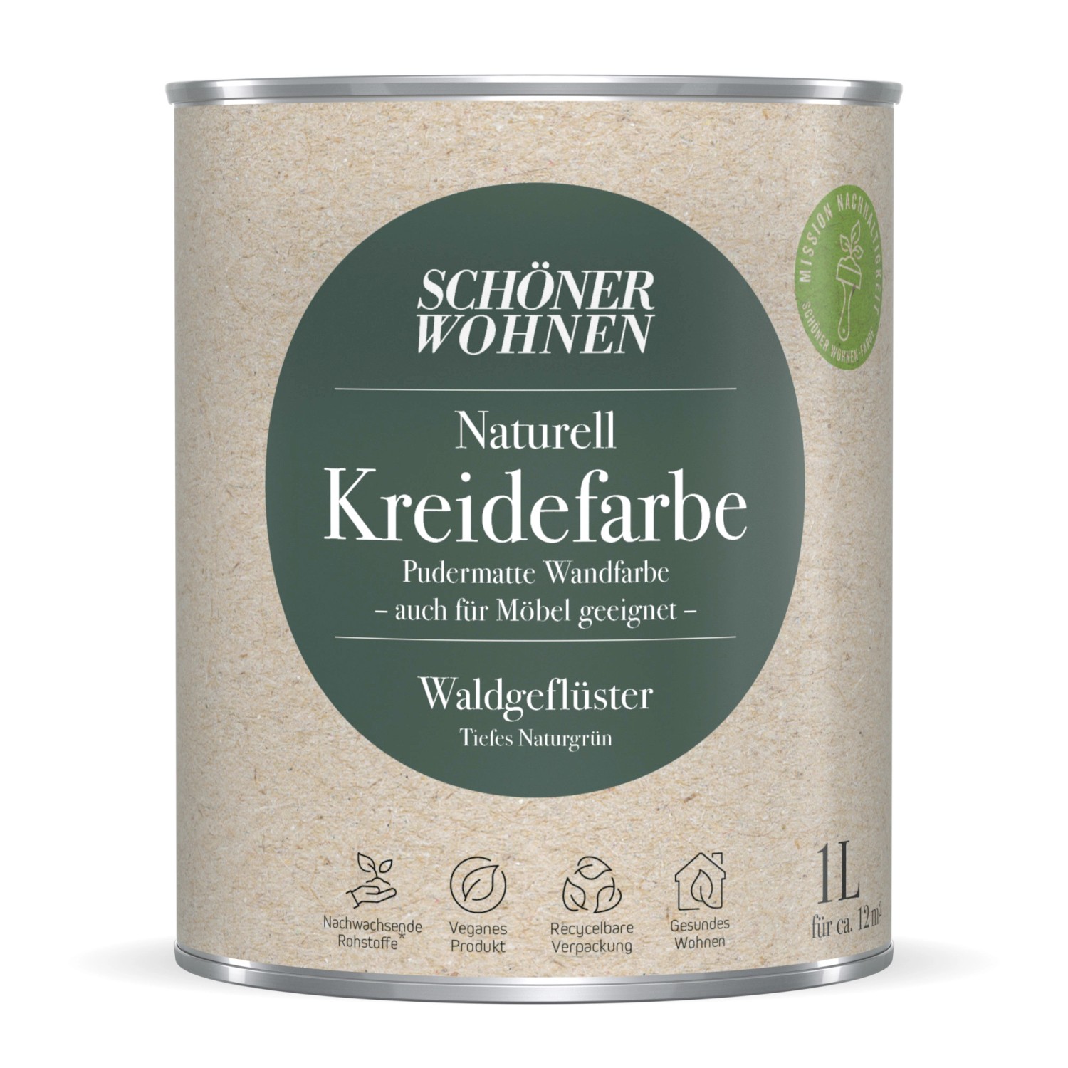 Schöner Wohnen Kreidefarbe Naturell Waldgeflüster 1 l, pudermatte Wandfarbe in tiefem Naturgrün.