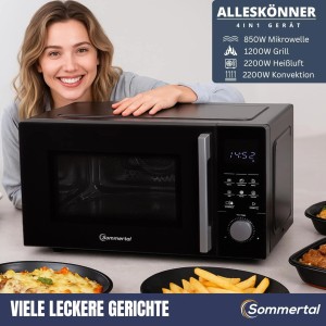 Schwarze Sommertal 4in1 Mikrowelle MW2200 mit Touch-Bedienfeld und Speisen im Vordergrund.