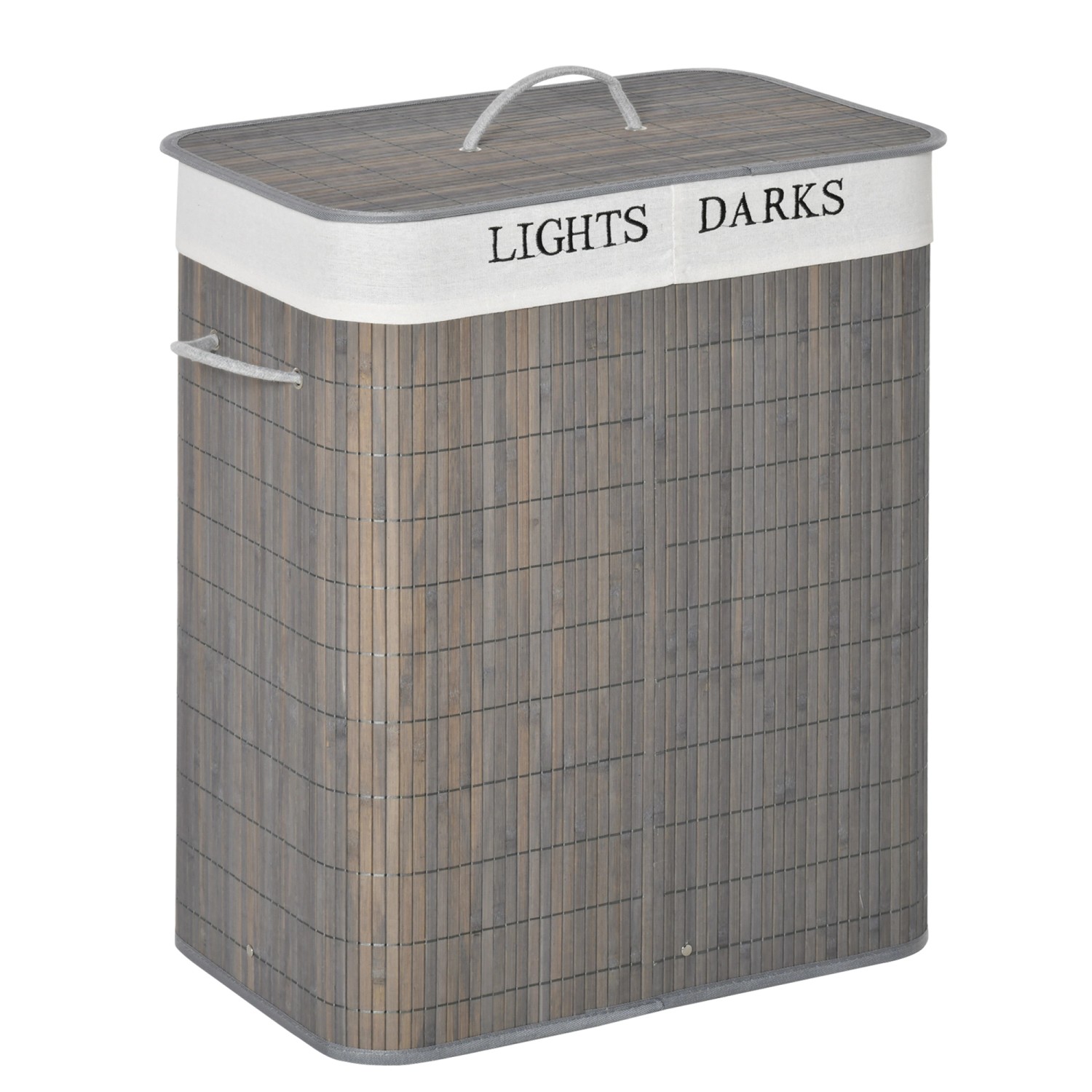 HOMCOM Wäschekorb mit Deckel Bambus Metall Grau 52L x 32B x 63H cm