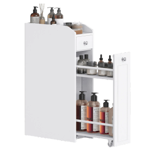 Songmics Badezimmerschrank Siren, weißes Bad-Standregal mit 2 Schubladen und Rollen.