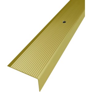 Goldenes Arcansas Treppenkantenprofil aus Aluminium, L-Form, geriffelte Oberfläche.