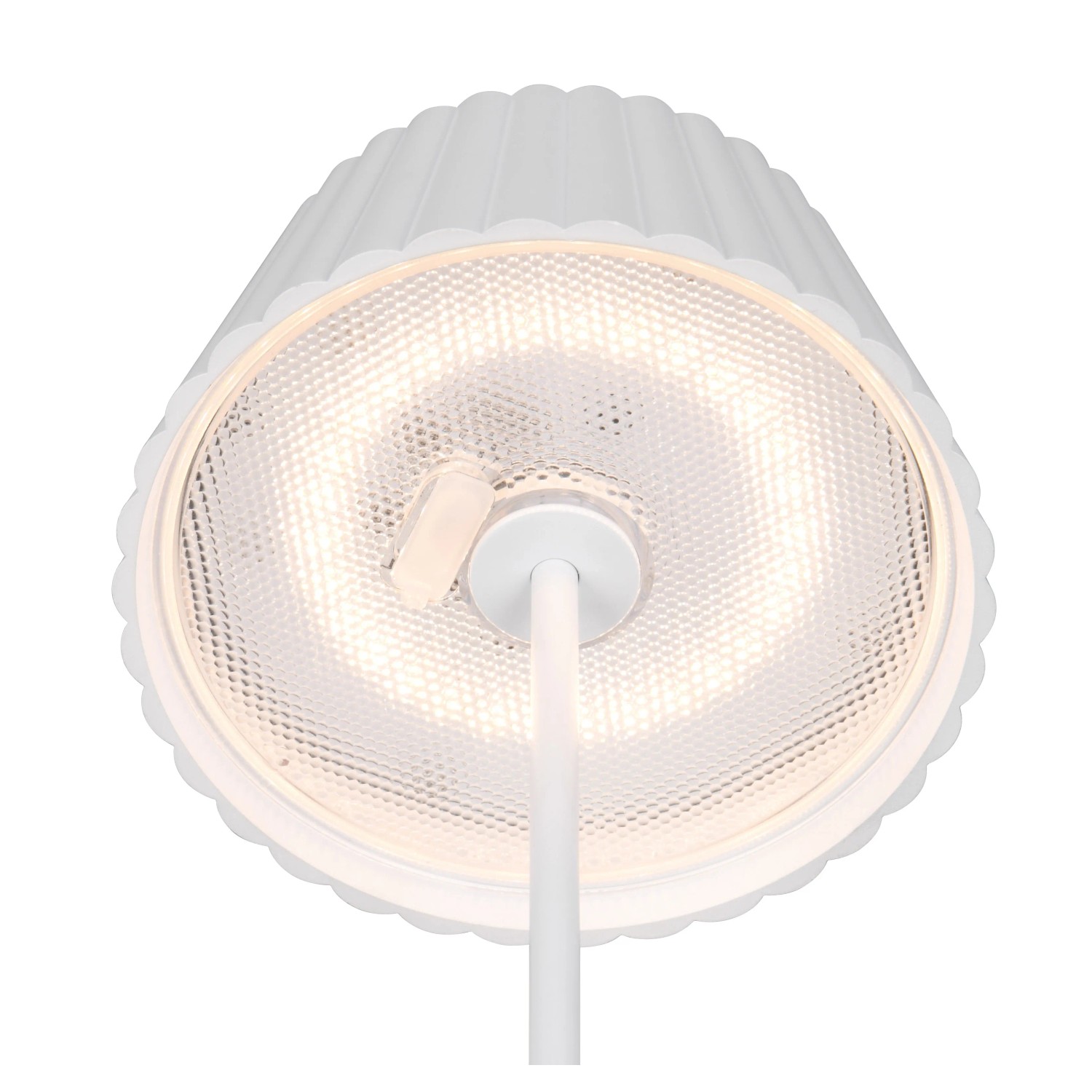Weiße Reality LED-Tischleuchte Suarez, dimmbar, Ø 13,5 cm. Moderne Lampe für den Innen- und Außenbereich.
