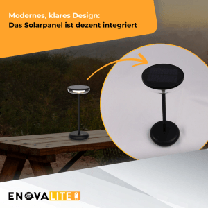 Schwarze ENOVALITE LED Solar Tischleuchte mit Akku, dimmbar, warmweiß, für Garten und Balkon.