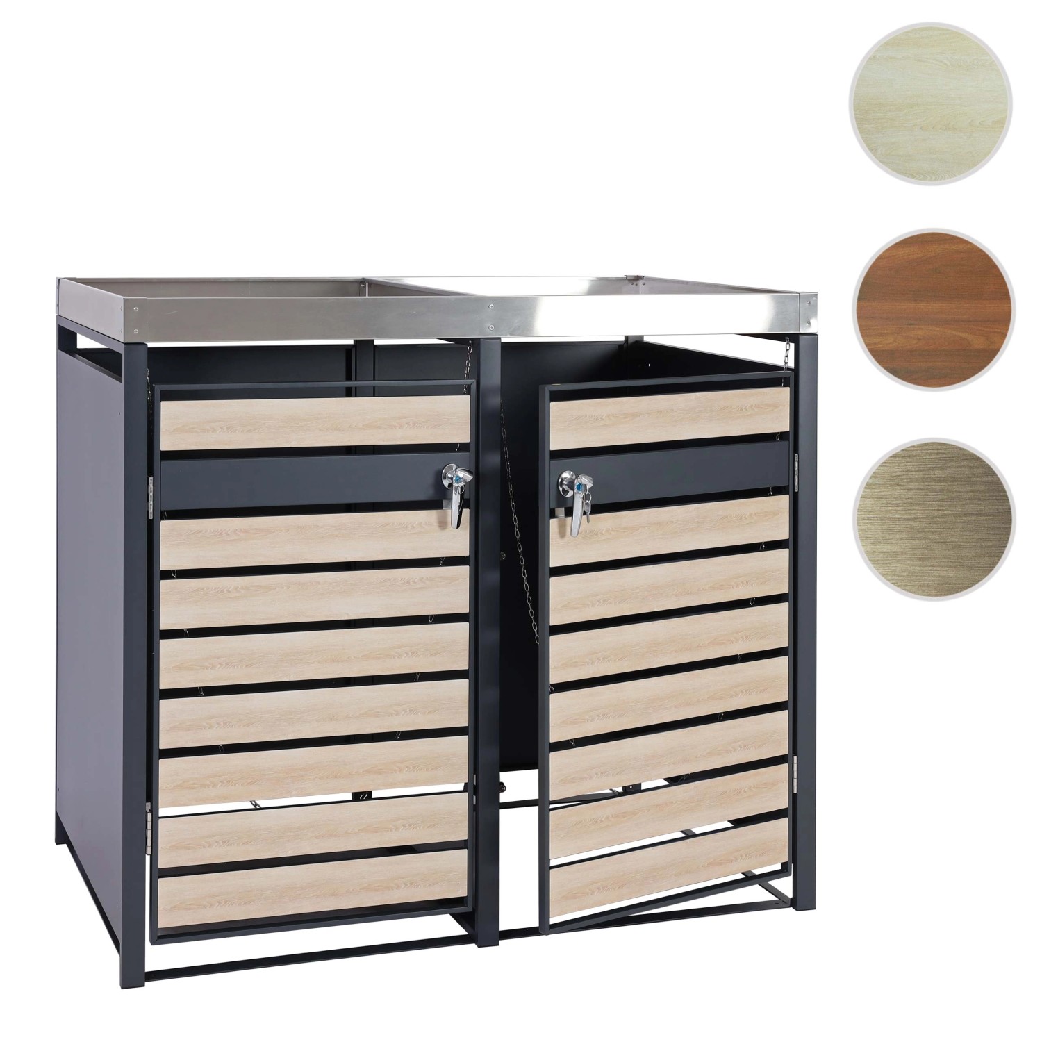 MCW Mülltonnenverkleidung J81 für 2 Tonnen in Buche-Holzoptik, abschließbar und mit Pflanzkasten.