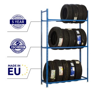 Blaues PROREGAL Reifenregal Metal Shark mit 3 Ebenen und Reifen. Ideal für Garage und Werkstatt.