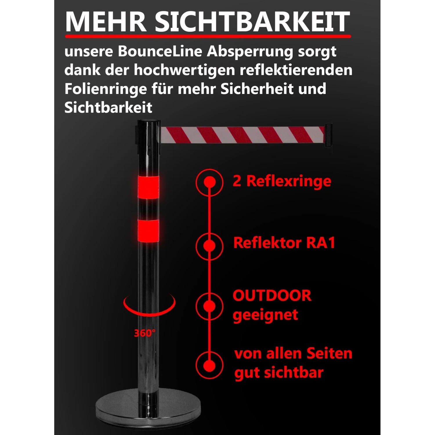 UvV BounceLine Personenleitsystem Edelstahl mit blauem Gurt, 90cm hoch, für Baustellenabsicherung.