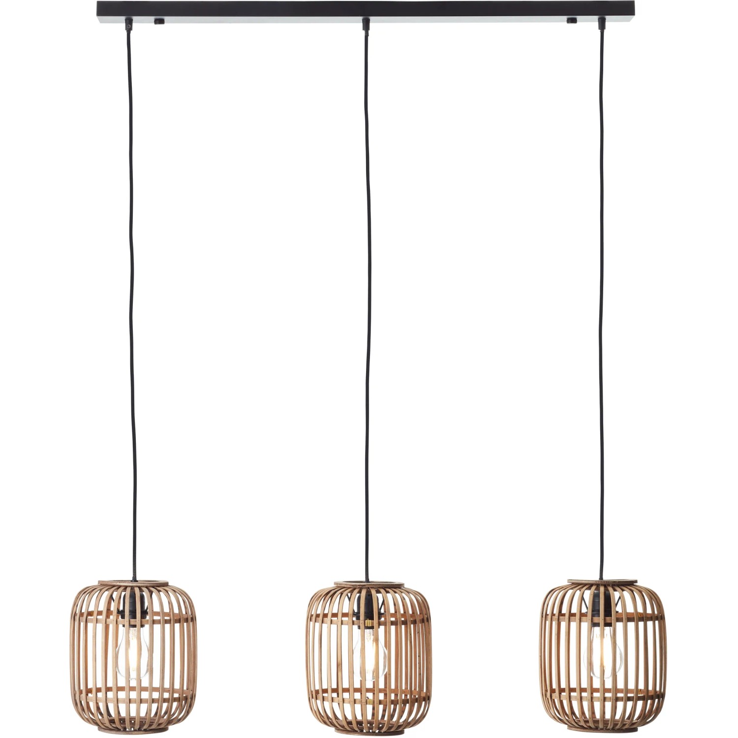 Brilliant Pendelleuchte Woodrow, 3-flammig, hellbraun, mit drei Lampenschirmen aus Holz.
