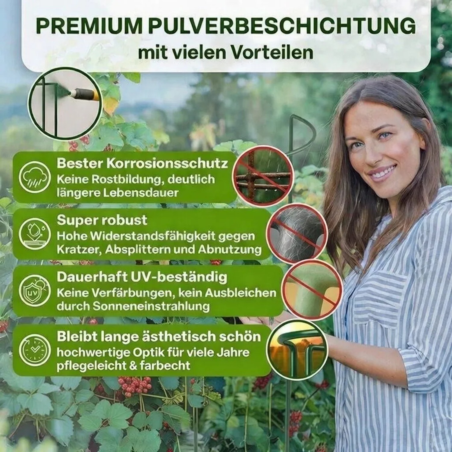 Frau im Garten mit grüner Metall-Strauchstütze. Premium Pulverbeschichtung: Korrosionsschutz, robust, UV-beständig für Rankhilfe.