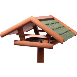 Vogelhaus aus Nadelholz mit Ständer und grünem Bitumendach. FSC®-zertifiziert.