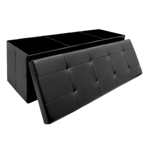 Schwarze DuneDesign Sitzbank mit Stauraum, 110x38x38 cm, offener Deckel.