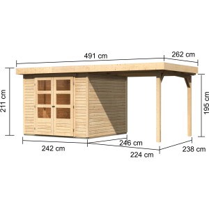 Karibu Holz-Gartenhaus Boras Natur mit Flachdach und Maßangaben.