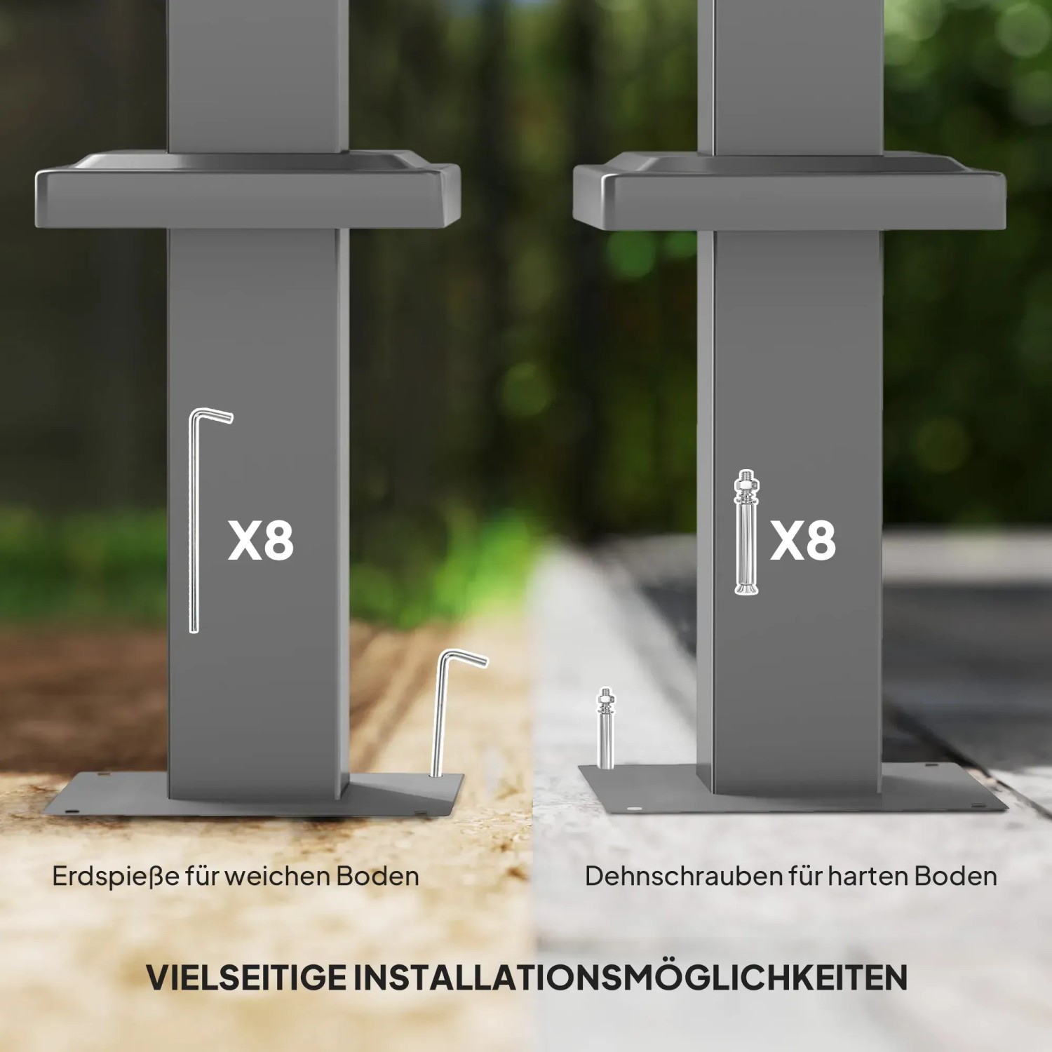 Outsunny Pergola: Detailansicht der Befestigungsoptionen für weichen und harten Boden.