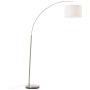 Moderne Bogenlampe Clarie in Eisen-Weiß mit Textilschirm für gemütliches Licht.
