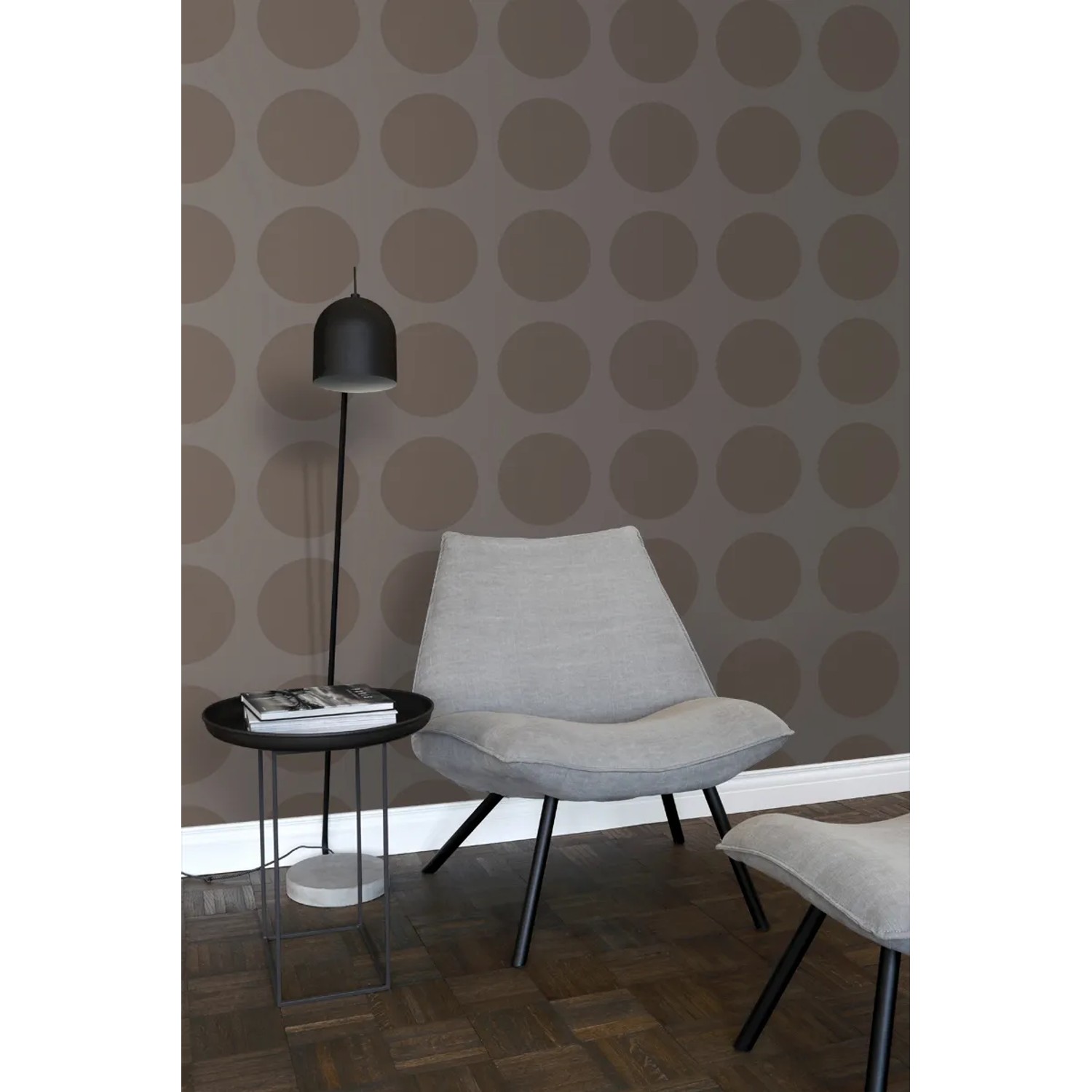 ESTAhome Tapete Kugeln Taupe auf Leinenstruktur im Raum, moderne Einrichtung.