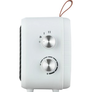 Weißer Keramikheizer Nevala 2in1 mit Ventilator, 1500 W, mit zwei Drehreglern und Tragegriff.