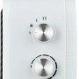 Weißer Keramikheizer Nevala 2in1 mit Ventilator, 1500 W, mit zwei Drehreglern und Tragegriff.