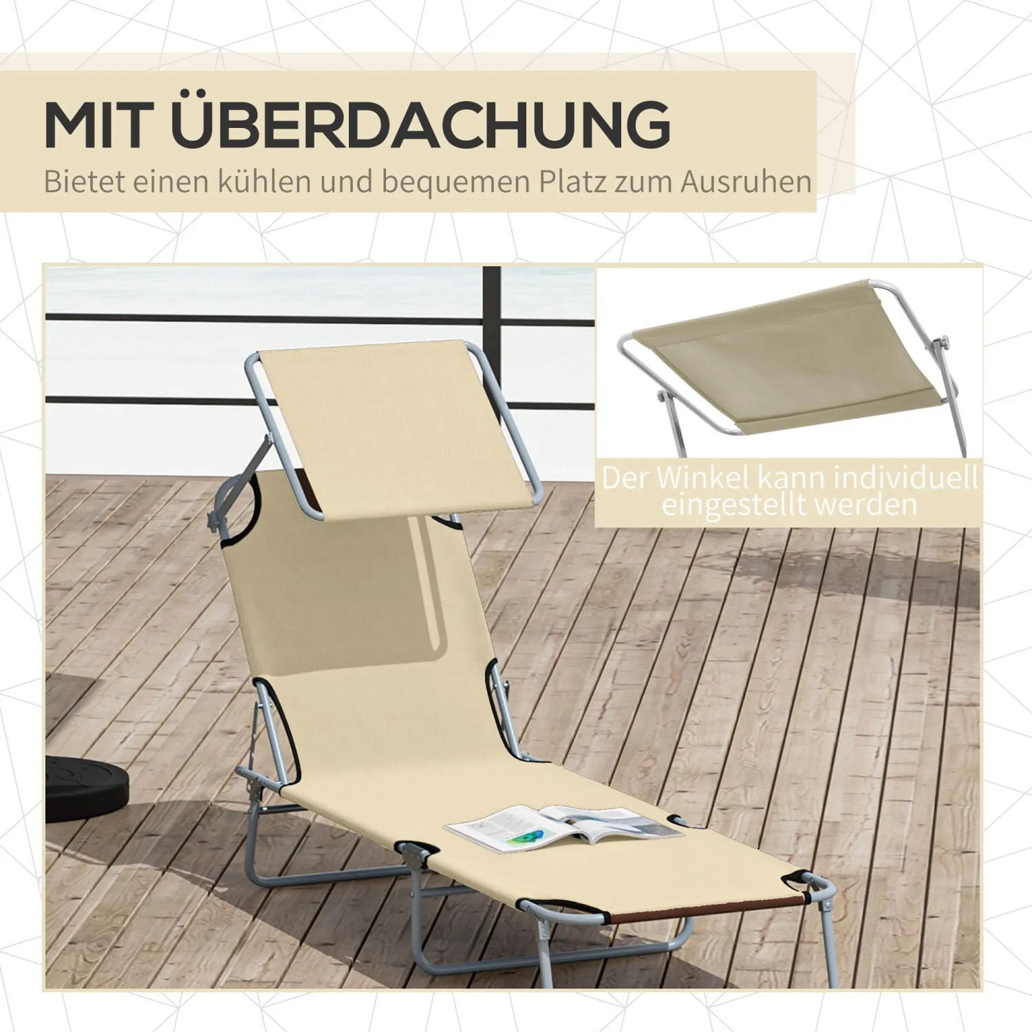 Outsunny Sonnenliege, klappbar, mit Dach, beige. Gartenliege mit verstellbarem Sonnenschutz.